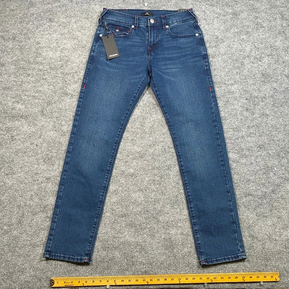 True Religion Mens Geno Relaxed Slim Jeans Dark Shivering Wash Blue 30 Big T